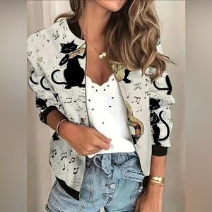 Long sleeve jacket zip up bomber cat playing music design loose fit